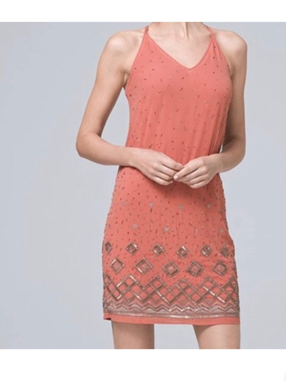 White House Black Adobe Embellished Coral Beaded Slip Dress